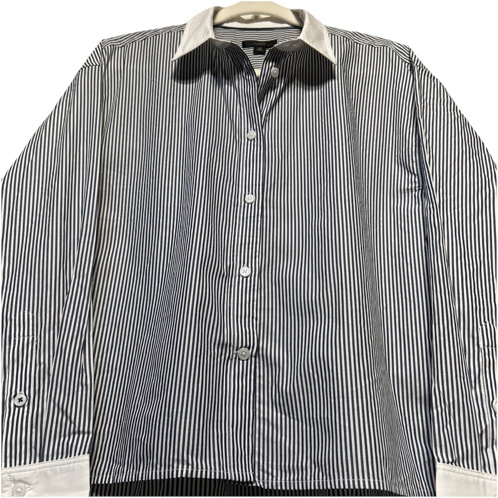 J. Crew Relaxed‎ Fit Cropped Cotton Poplin Striped Shirt Women's Size 12 EUC - Picture 7 of 10